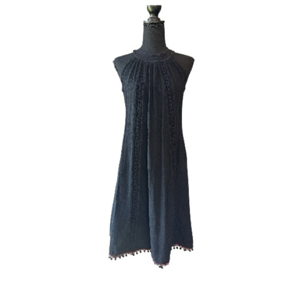 Cotton Natural Sleeveless Black Crochet-Trim Midi Dress Medium